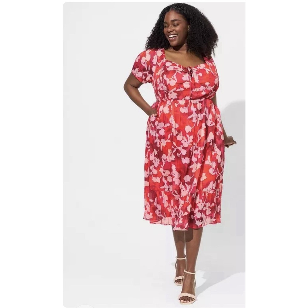 Torrid Size 4 Midi Cotton Clip Dot Floral Smocked Lace Up Dress Pink Red